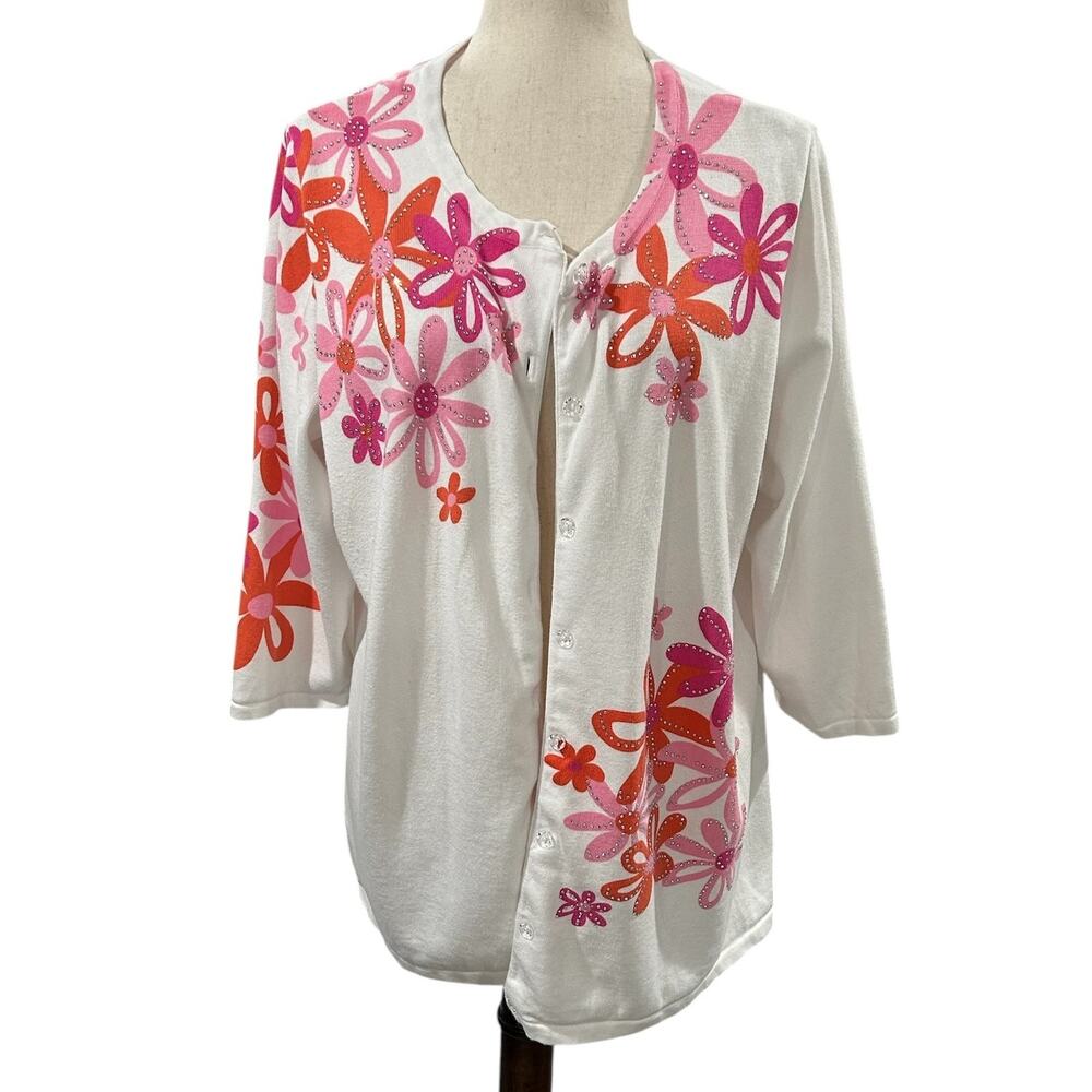 Quacker Factory White Sweater with Pink & Red Flowers and Embellishment Size 2X